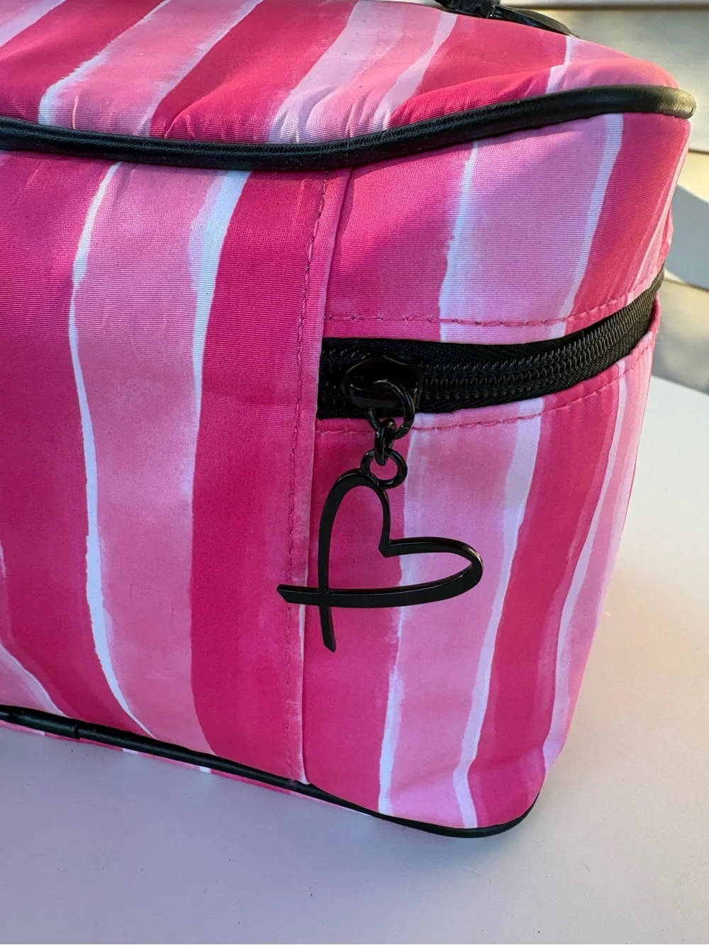 Victoria's Secret Large Pink Striped Cosmetic Case with Black Logo
